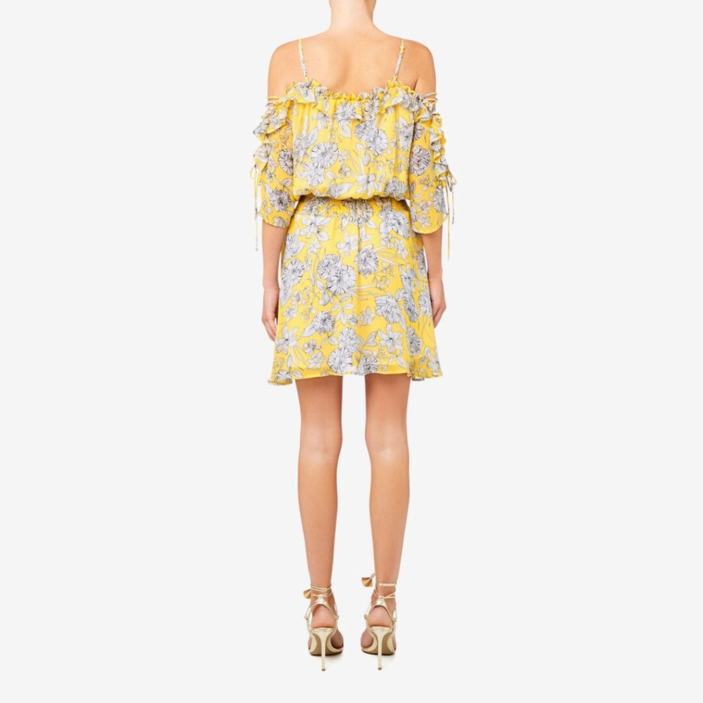 SEED Tie Sleeve Daffodil Yellow Floral Cold Shoulder Mini Dress - Picture 3 of 13